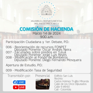 Imagen de Hoy en comisin de Hacienda y Plenaria ASAMBLEA DEPARTAMENTAL AVANZA EN ESTUDIO Y DEBATE DE 5 PROYECTOS
